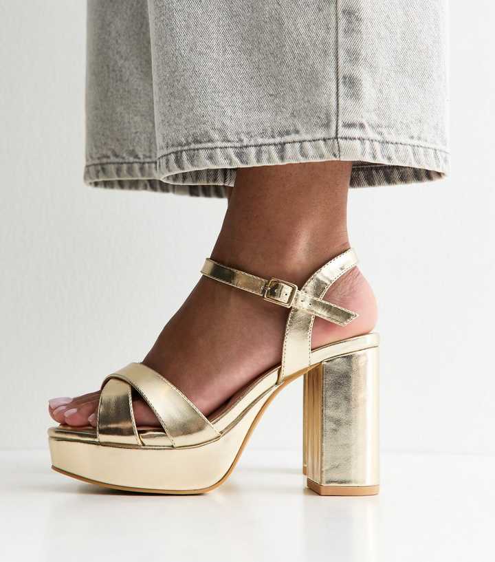 Extra Wide Fit Gold Cross Over Strap Platform Sandals