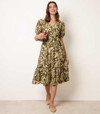 Blue Vanilla Dark Khaki Leaf Print Button Detail Midi Dress