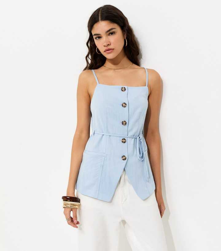 Light Blue Square Neck Belted Waistcoat