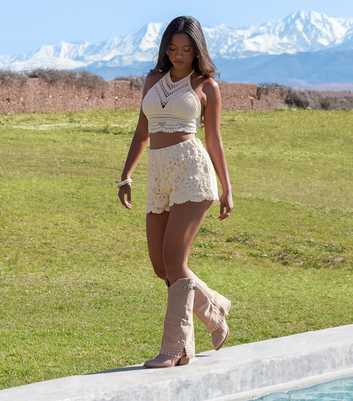 Pink Vanilla Stone Crochet  Tie Back Halter Top
