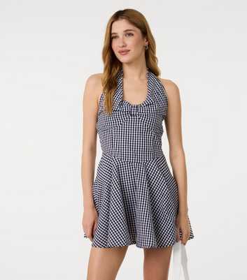 Pink Vanilla Cotton Black Gingham Halter Mini Dress