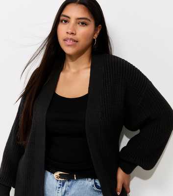 Curves Black Ribbed Knit Balloon Sleeve Cardigan