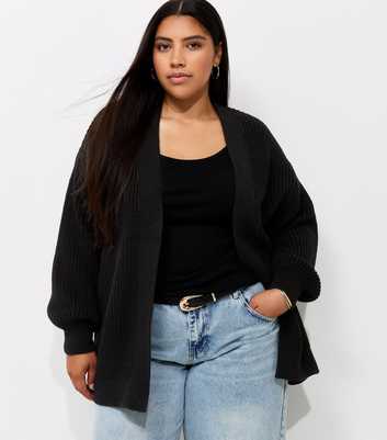 Curves Black Ribbed Knit Balloon Sleeve Cardigan