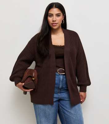 Curves Dark Brown Ribbed Knit Balloon Sleeve Cardigan