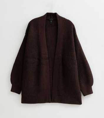 Curves Dark Brown Ribbed Knit Balloon Sleeve Cardigan