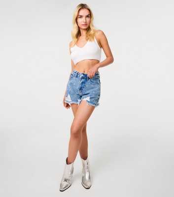 Pink Vanilla Blue Diamanté Bow Distressed Denim Shorts