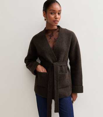 Dark Brown Belted Wrap Cardigan