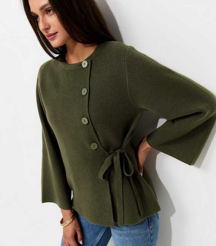 Dark Khaki Compact Knit Wide Sleeve Cardigan