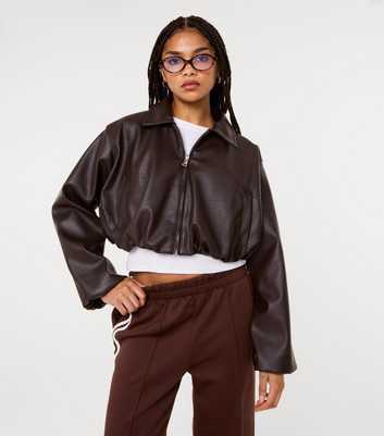 Pink Vanilla Dark Brown Faux Leather Puffball Jacket
