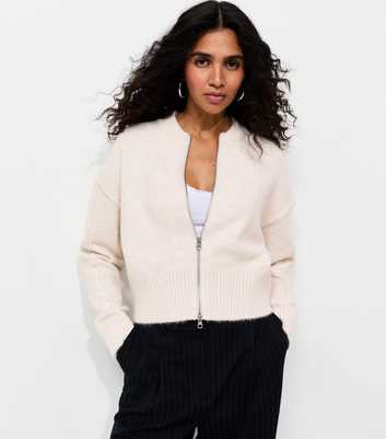 Cream Knitted Exposed Seam Bomber Cardigan