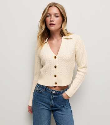 Cream Cable Knit Collared V-Neck Cardigan