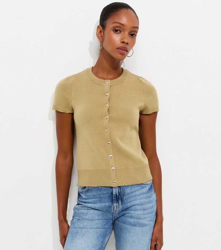 Green Compact Knit Cap Sleeve Buttoned Top