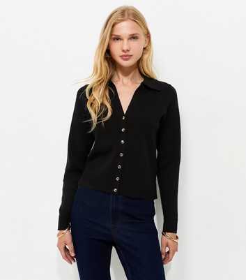 Black Compact Knit Collared Cardigan