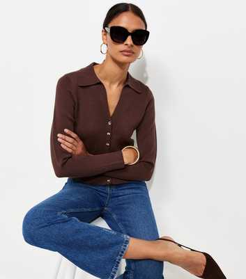Dark Brown Compact Knit Collared Cardigan