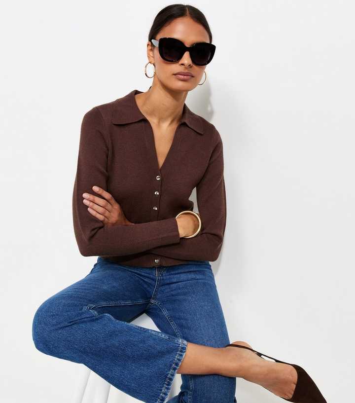 Dark Brown Compact Knit Collared Cardigan