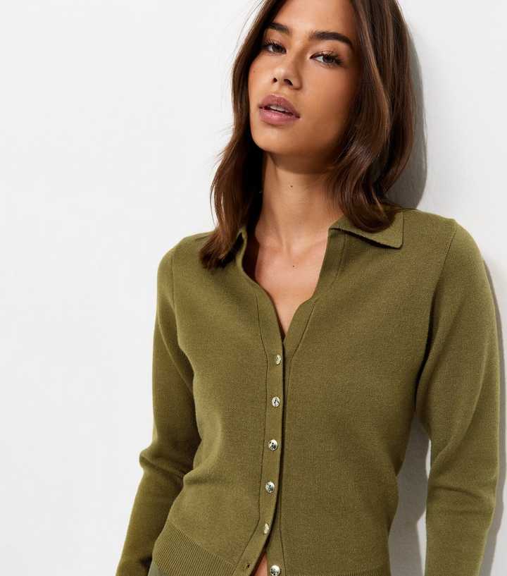 Green Compact Knit Collared Cardigan