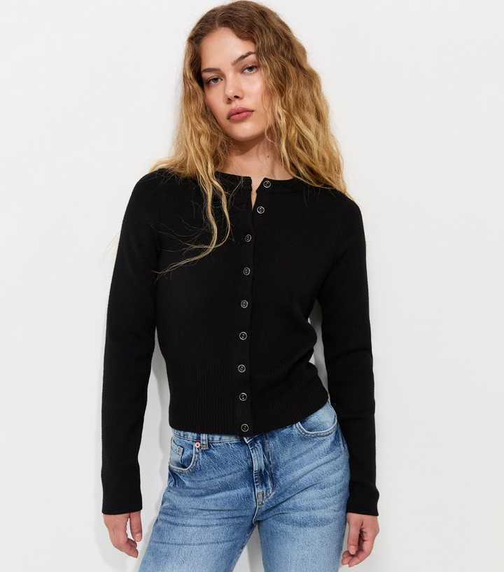 Black Compact Knit Crew Neck Cardigan