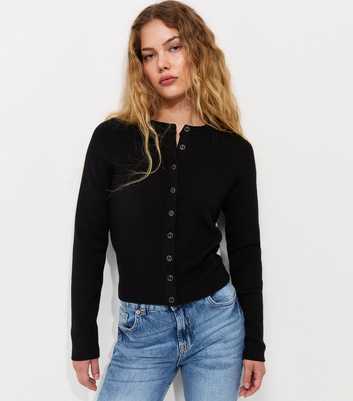Black Compact Knit Crew Neck Cardigan