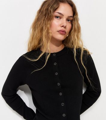 Black Compact Knit Crew Neck Cardigan | New Look