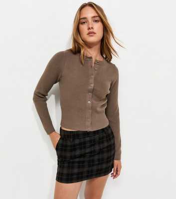 Dark Mink Compact Knit Crew Neck Cardigan
