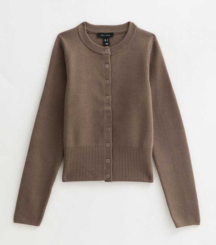 Dark Mink Compact Knit Crew Neck Cardigan