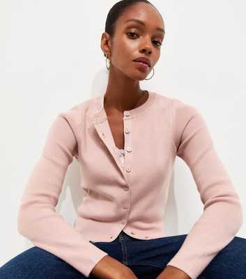 Light Pink Compact Knit Crew Neck Cardigan