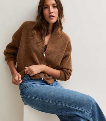 Tan Brushed Knit Double Zip Cardigan with Wool