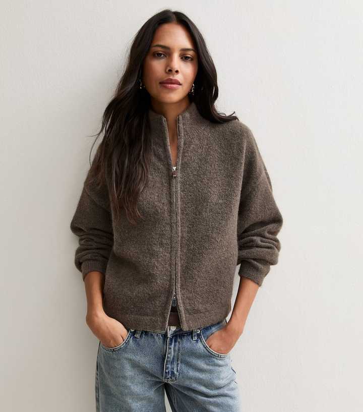 Dark Mink Brushed Knit Double Zip Cardigan with Wool
