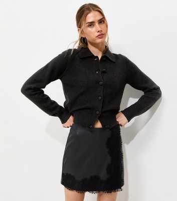 Black Midweight Knit Collared Button Front Cardigan