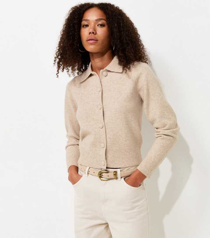 Oatmeal Midweight Knit Collared Button Front Cardigan
