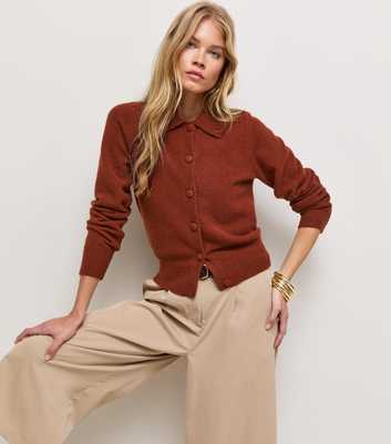 Rust Midweight Knit Collared Button Front Cardigan