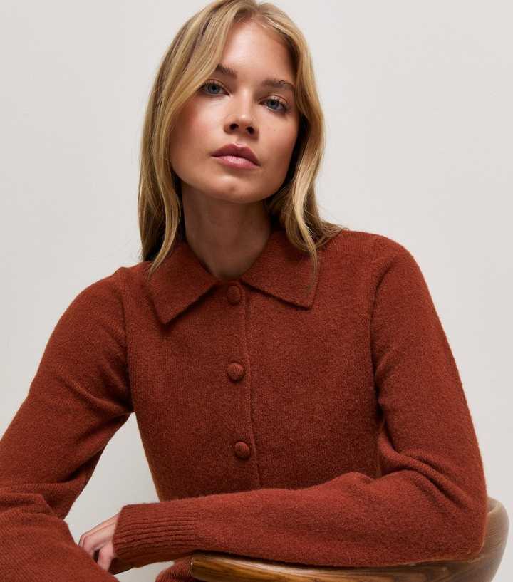 Rust Midweight Knit Collared Button Front Cardigan