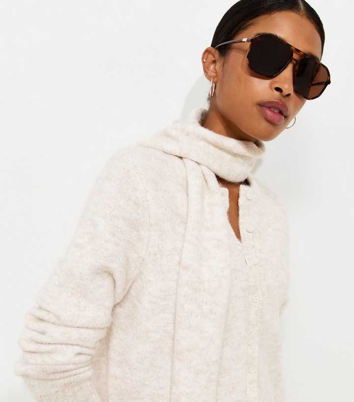 Off White Knitted Detachable Scarf Cropped Cardigan