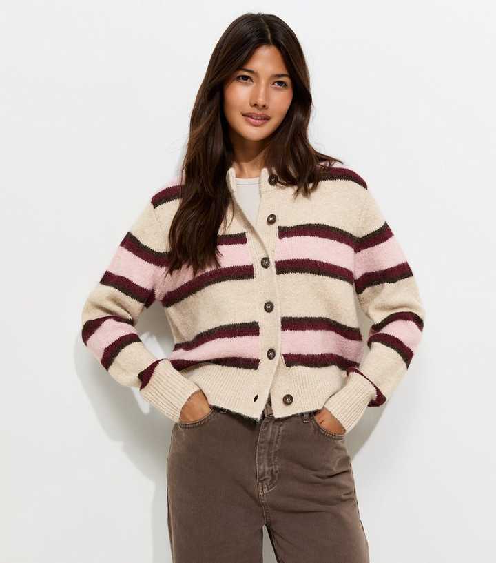 Cream Knitted Contrast Stripe Cardigan with Wool