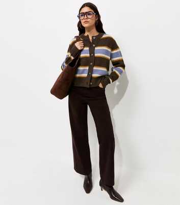 Brown Knitted Contrast Stripe Cardigan with Wool