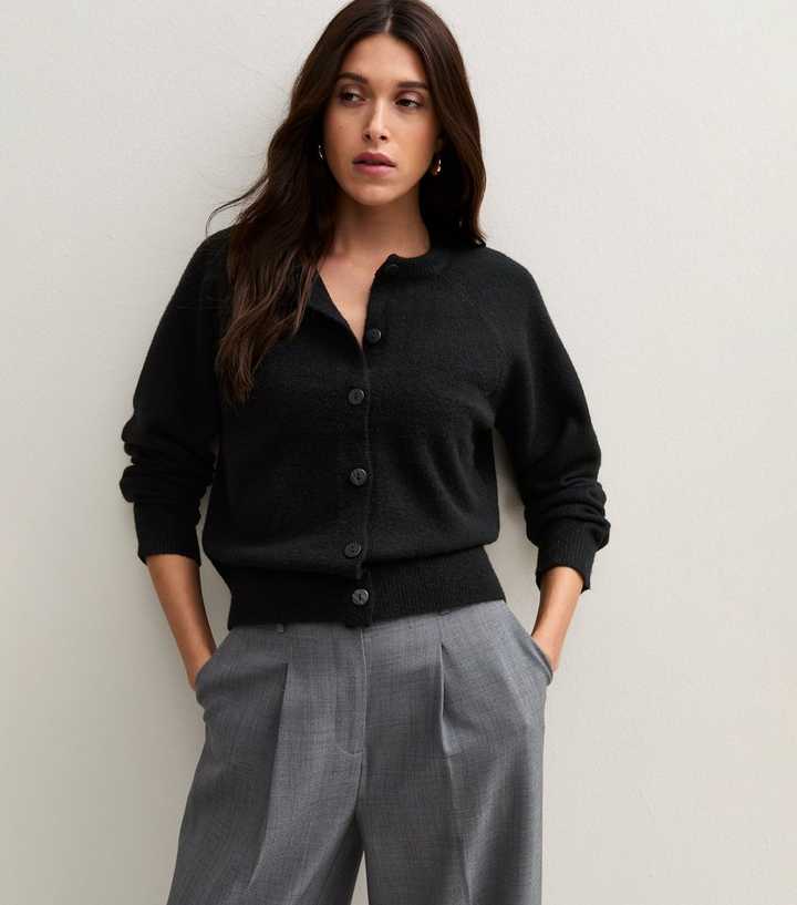 Black Knitted Button Up Raglan Cardigan