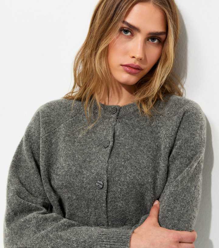 Dark Grey Knitted Button Up Raglan Cardigan