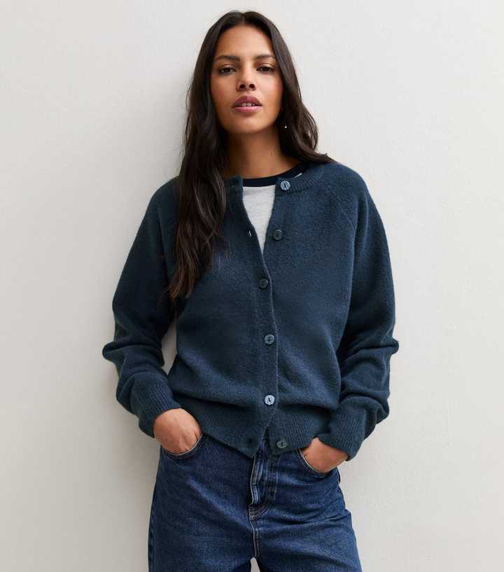 Navy Knitted Button Up Raglan Cardigan