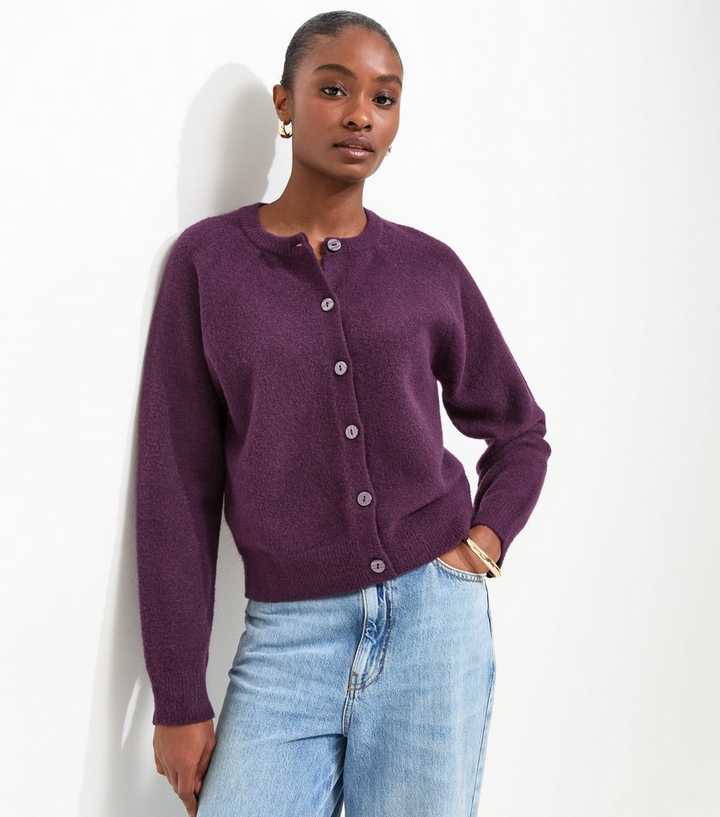 Bright Purple Knitted Button Up Raglan Cardigan