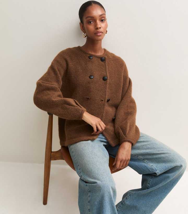 Tan Brushed Knit Double Button Cardigan with Wool