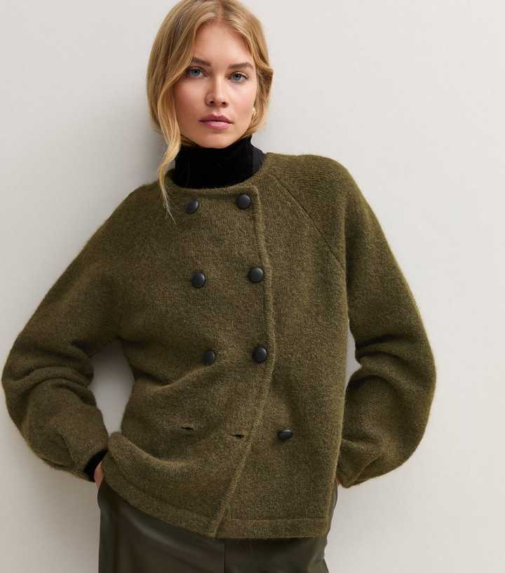 Light Khaki Brushed Knit Double Button Cardigan with Wool