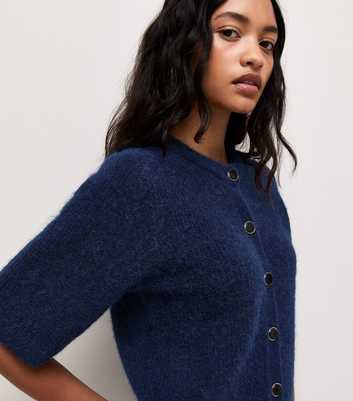Navy Short Sleeve Button Front Cardigan with Wool