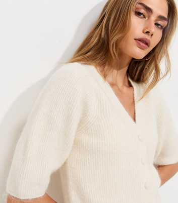 Cream Ribbed Knit Puff Sleeve Cardigan