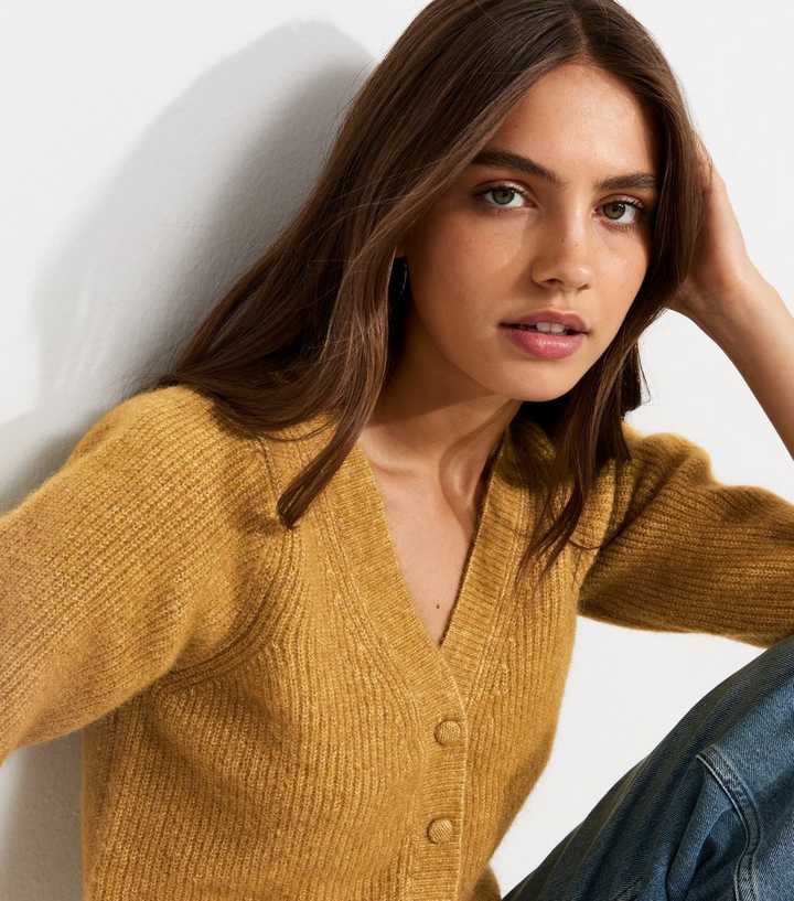 Green Ribbed Knit Puff Sleeve Cardigan with Wool