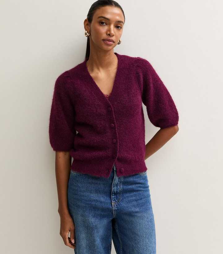 Bright Purple Ribbed Knit Puff Sleeve Cardigan with Wool