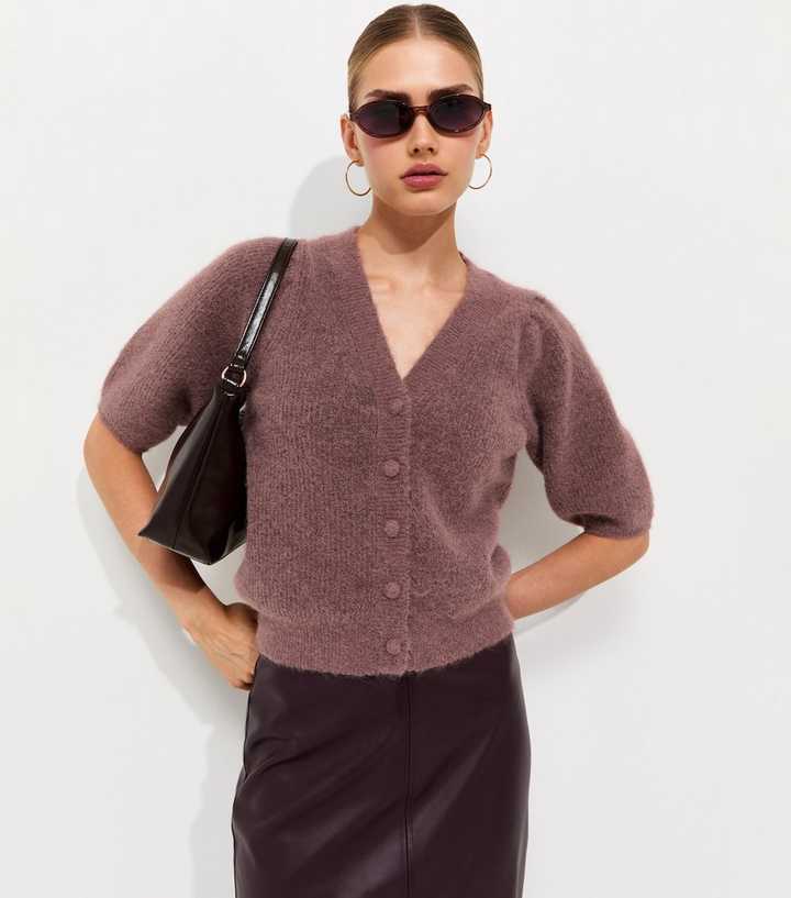 Dark Pink Ribbed Knit Puff Sleeve Cardigan with Wool