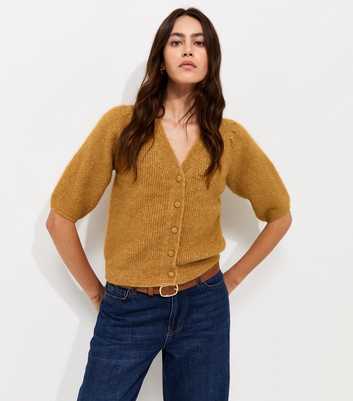 Dark Yellow Ribbed Knit Puff Sleeve Cardigan with Wool