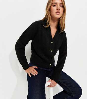 Black Collared V-Neck Knitted Cardigan