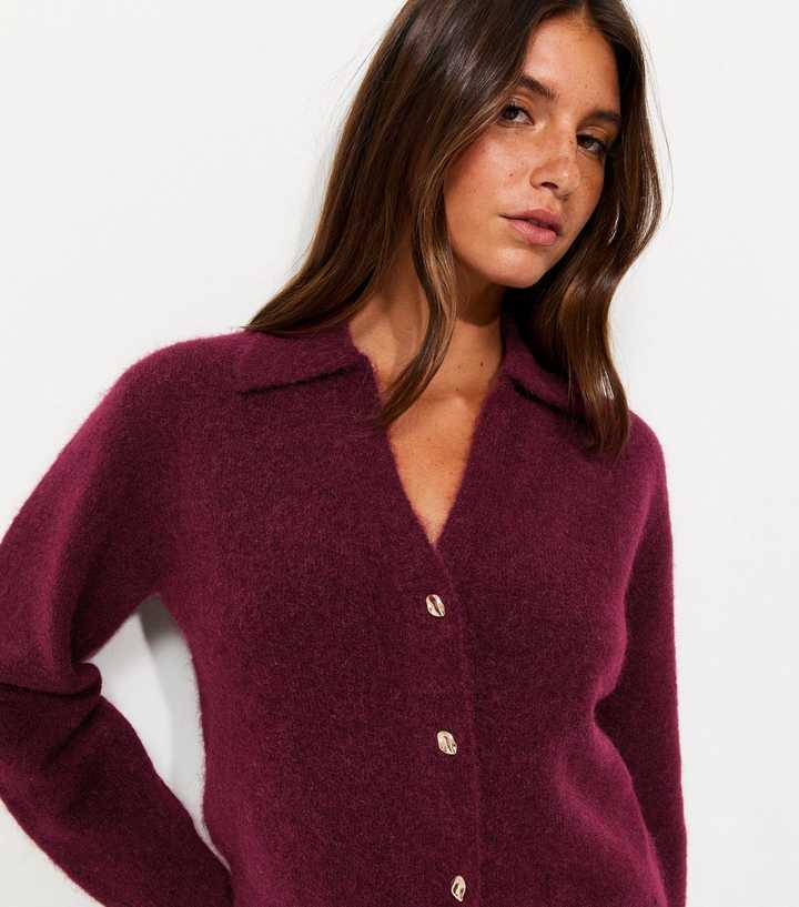 Dark Burgundy Collared V-Neck Knitted Cardigan with Wool