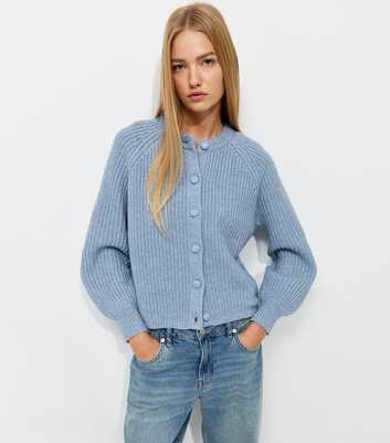 Blue Rib Raglan Crew Neck Cardigan